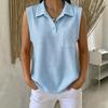 Women S Solid Color Waffle Knit Polo Collar Sleeveless Casual Blouse