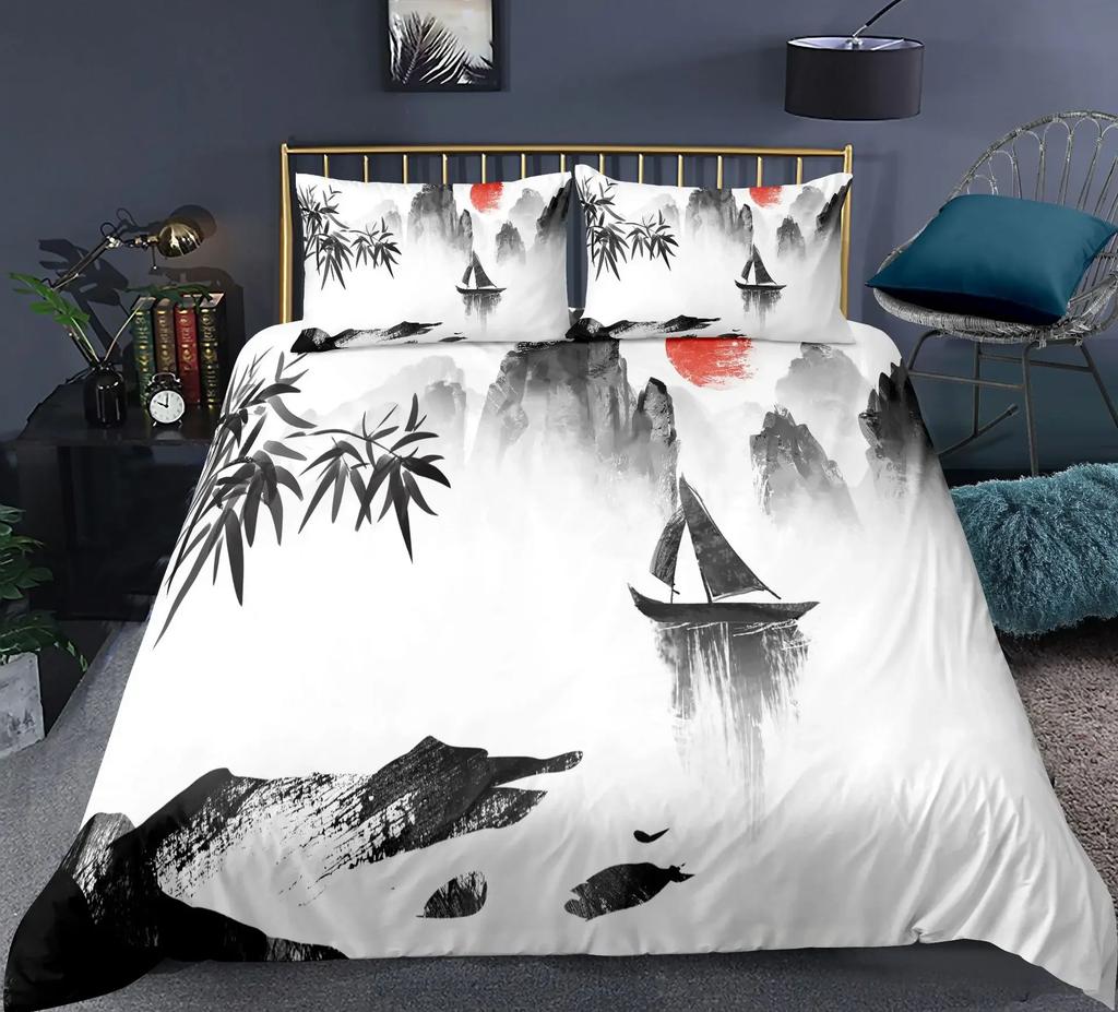 Nature Landscape Duvet Cover King/Queen Size,Chinese Ink Painting Style Bedding Set Mountain River 2/3Pcs Polyester Quilt Cover