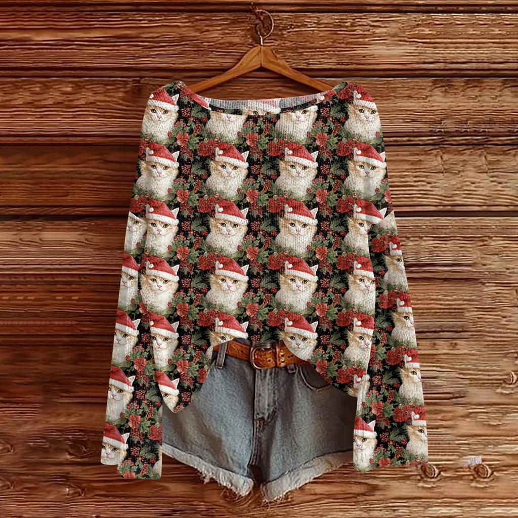 Women's Fashion Christmas Print Lightweight Sweater Casual Long-Sleeve Knit Pullover Top