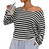 Damen Freizeit Gestreifter Strick Langarmshirt Lockerer Sitz Tief angesetzte Schultern Pullover Pullover Leichtes Weiches Stoff Oberteil für den Alltag