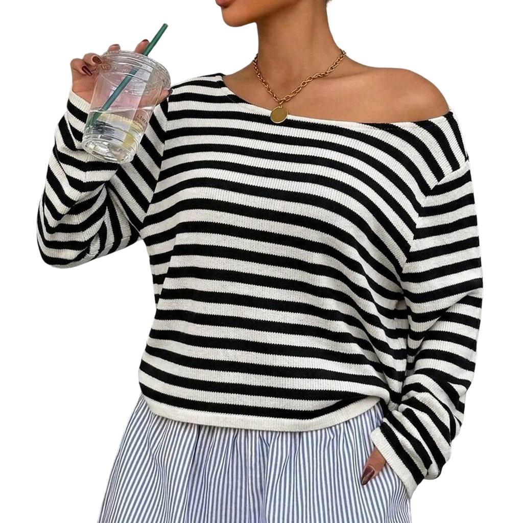 Damen Freizeit Gestreifter Strick Langarmshirt Lockerer Sitz Tief angesetzte Schultern Pullover Pullover Leichtes Weiches Stoff Oberteil für den Alltag