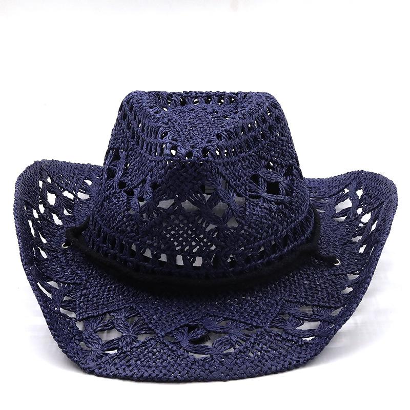 New Summer Outdoor Unisex Hollow Out Woven Cowboy Hat Sun-Protective Western Cowboy Straw Hat