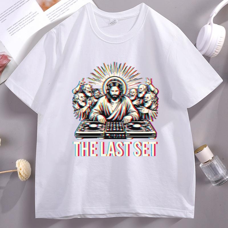 

Jesus DJ The Last Set Tshirt Funny Christian Rave Party Faith Humor Design Classic T-Shirt Cotton Short Sleeve T Shirt Women Top 4XL