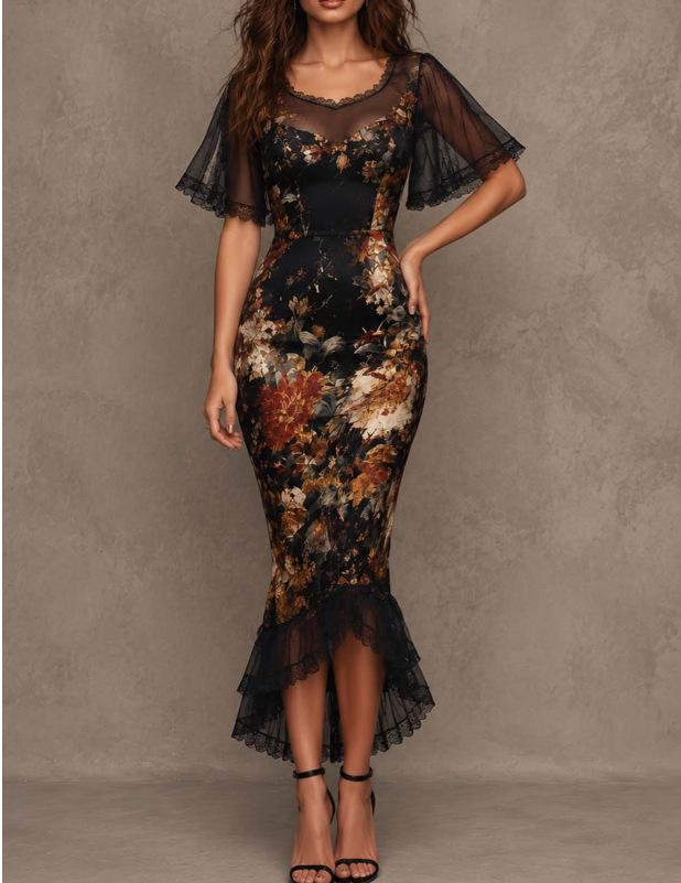 Vintage Gothic floral print lace mesh short-sleeved mermaid medium-length dress, European and American cross