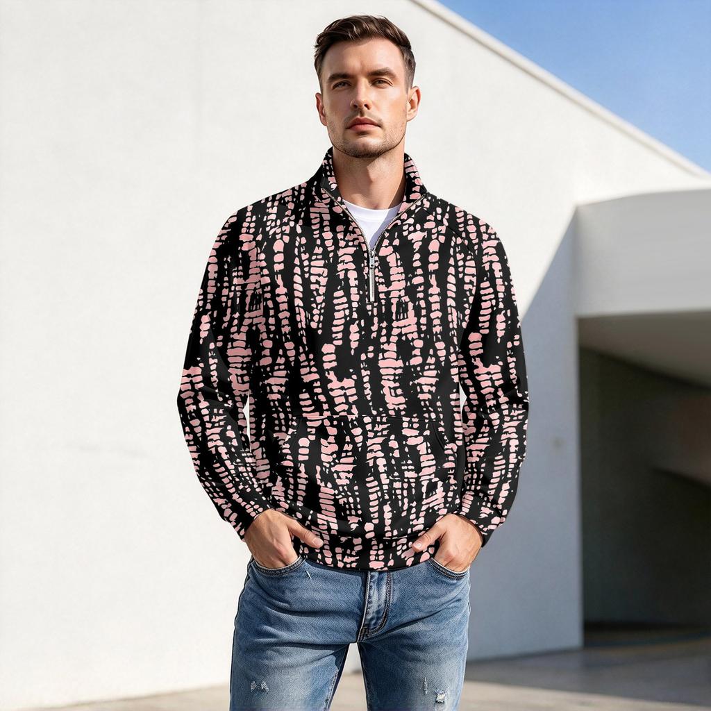 Men's Fall Winter Pattern Print Zip-Up Pullover Stand Collar Casual Wrinkle- Athletic Top