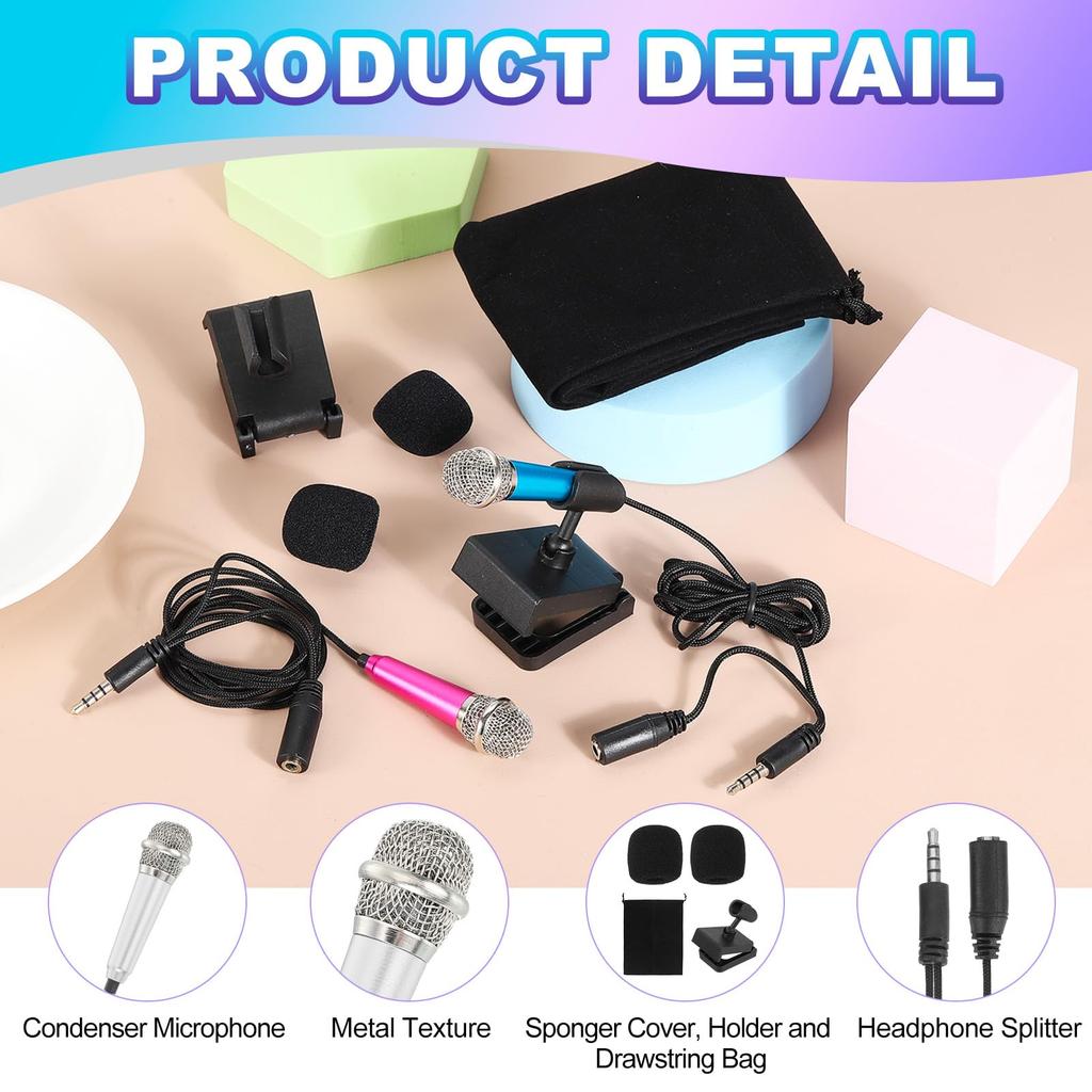 Uxcell Mini Microphone with Sponge and Drawstring Portable for Voice Video and Singing 2-Piece Cover, Holder, Bag, Karaoke, Recording, (Silver)