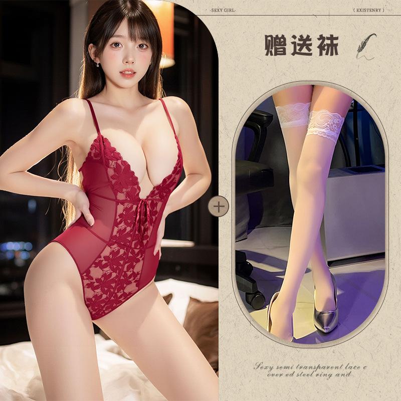 Sexy Lace Suspender Deep V Sex Underwear Lace-Up Perspective Hollow Mesh Onesie