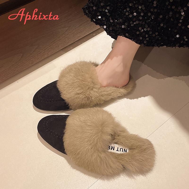 Aphixta New Warm Winter Slippers Women Slippers Furry Round Toe Shoes Indoor Flat Heel Hair Slides Zapatos De Mujer Pantunflas