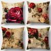 1Pc Vintage Red Rose Printed Pillow Covers,Featuring A Single-Sided Print, Suitable For Home Decor (Pillow Covers Only