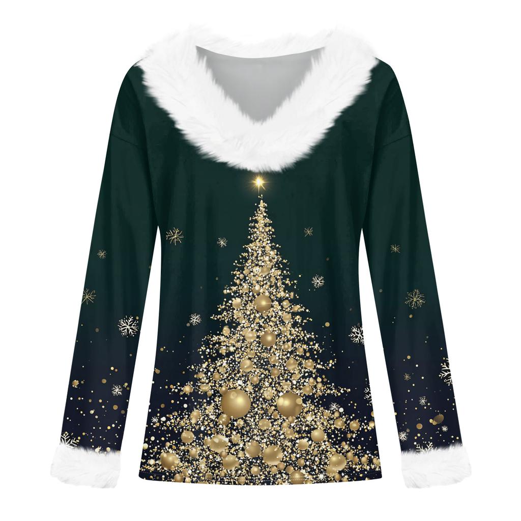 Langermede skjorter for kvinner Søte topper juletrykk T-skjorter Bluser Uformell Pluss størrelse Basic Topper Pullover