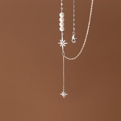 Colar Feminino de Prata de Lei 925 Genuína, Moda Doce, Pérola de Síntese, Estrela, Zircônia Cúbica, para Mulheres, Festa de Casamento, Joalheria Fina DA2502