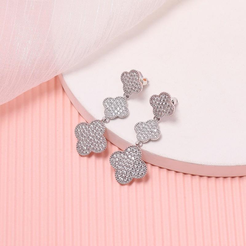 Elegant Long Clover Necklace Earring Bracelet Set With Full CZ Zircon Stones Sterling Plated