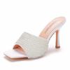 Fashion Summer Pearl Water Diamond 9cm Square Head High Heel Slippers Fashion Fish Mouth Wine Glasses Temperament Beaded Shallow Sandals