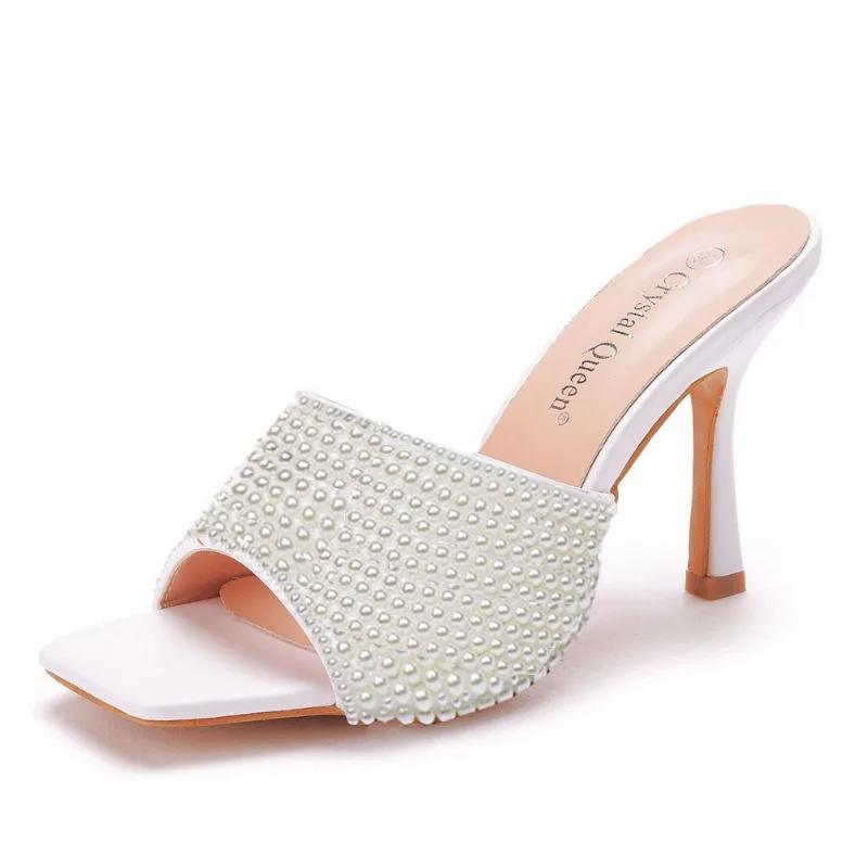 Fashion Summer Pearl Water Diamond 9cm Square Head High Heel Slippers Fashion Fish Mouth Wine Glasses Temperament Beaded Shallow Sandals