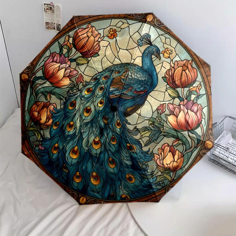 0106 Glass Window Peacock  pattern, automatic folding umbrella, portable and foldable design, 8 ribs, a Christmas or birthday gift.