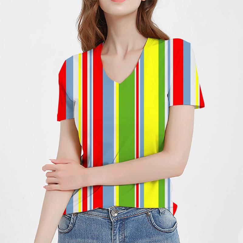 

Модные весенние полосатые блузки с коротким рукавом и V-образным вырезом футболки повседневные M жёлтый