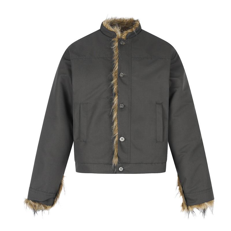Winter Fleece Lined Cotton Puffer Jacket Men Vintage American Style Warm Coat With Fur Collar