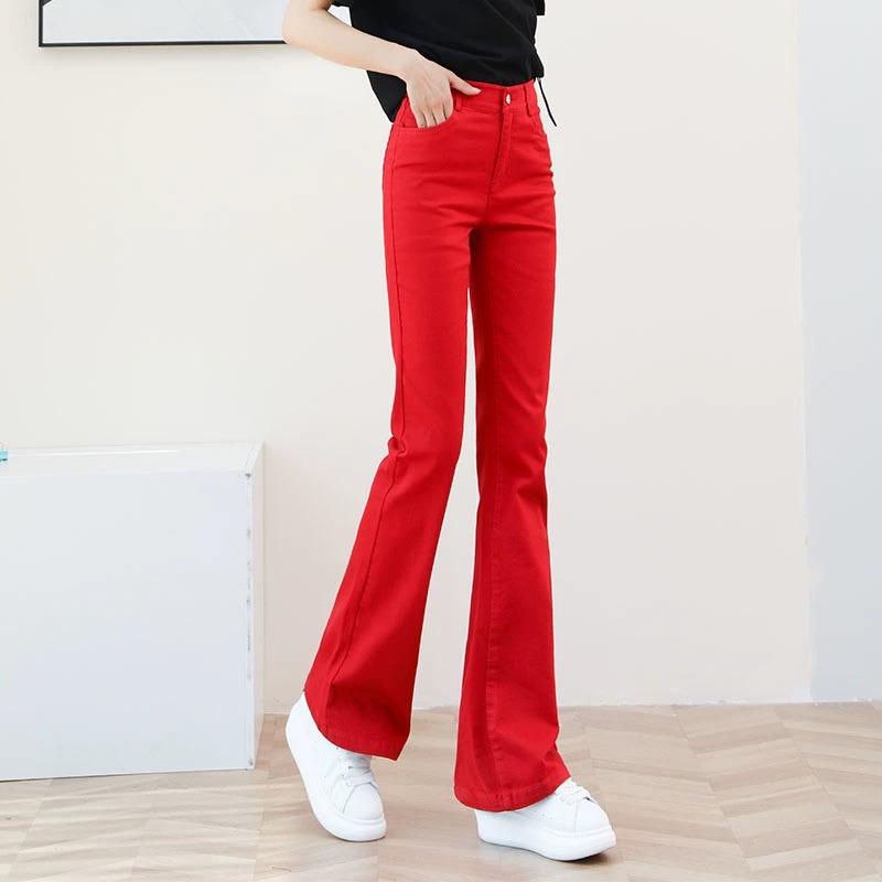 2024 Summer Women s Red High-Waist Slim Fit Micro-Flare Denim Pants 31