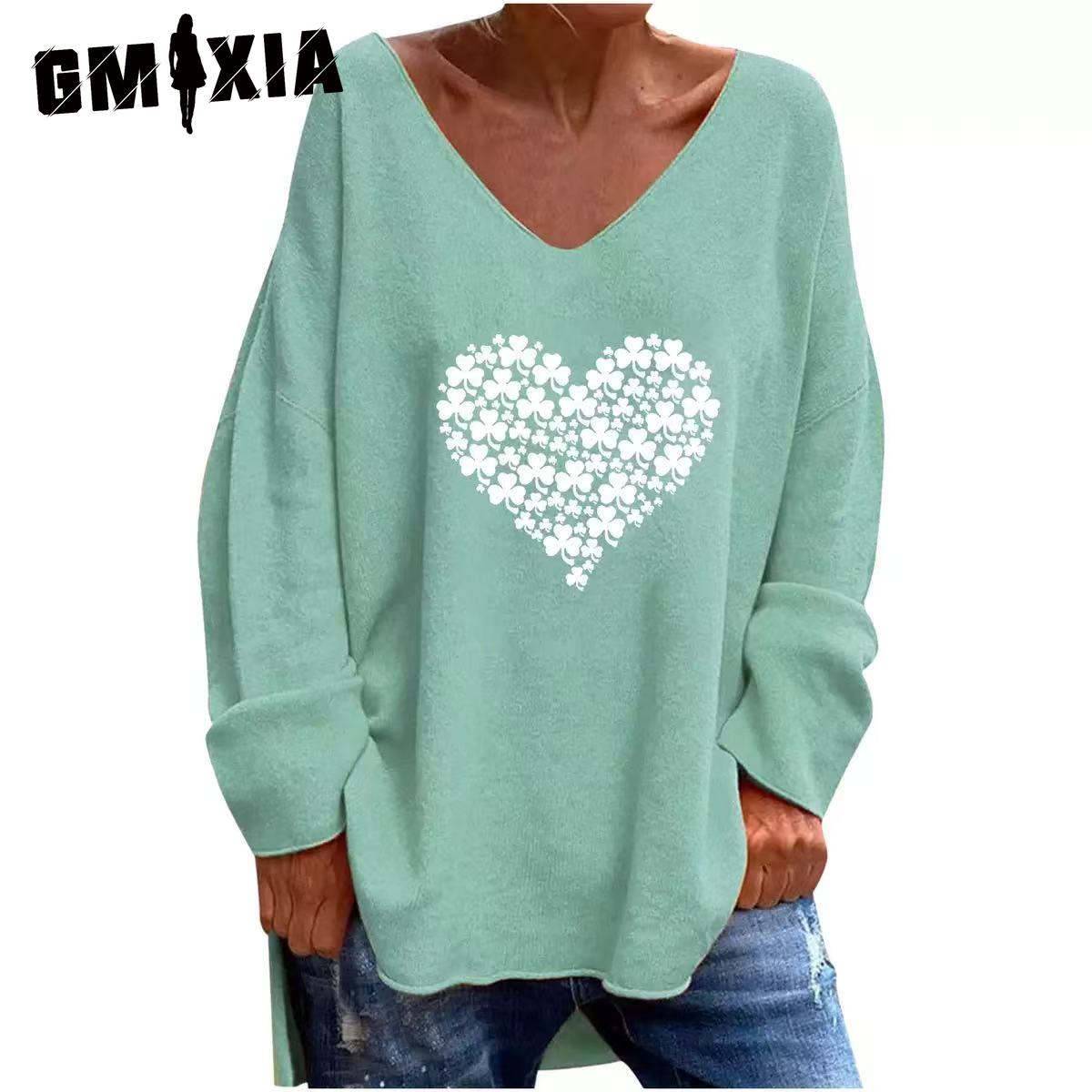 

GMXIA Жіноча однотонна однотонна футболка з V-подібним вирізом і довгими рукавами осінь-зима, вільна повсякденна зручна футболка XXL