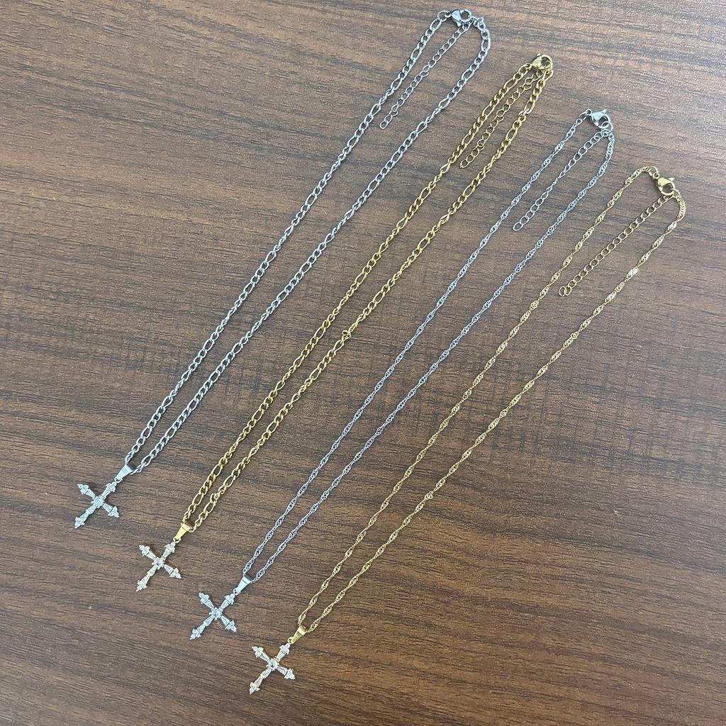 18K Gold Figaro Necklace with Zircon Cross - Non-Fading Stainless Steel Chain for Women