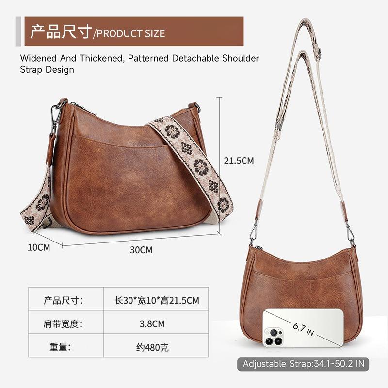New women's retro PU shoulder bag solid color crescent bag webbing adjustable length messenger bag versatile shoulder bag