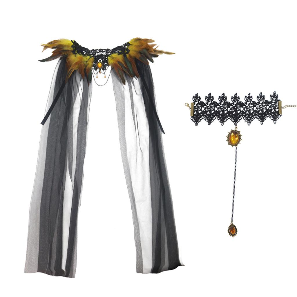 Halloween Cloak Black Feather Mesh Cloak Medium Dress Jewel Bracelet Stage Party Dance