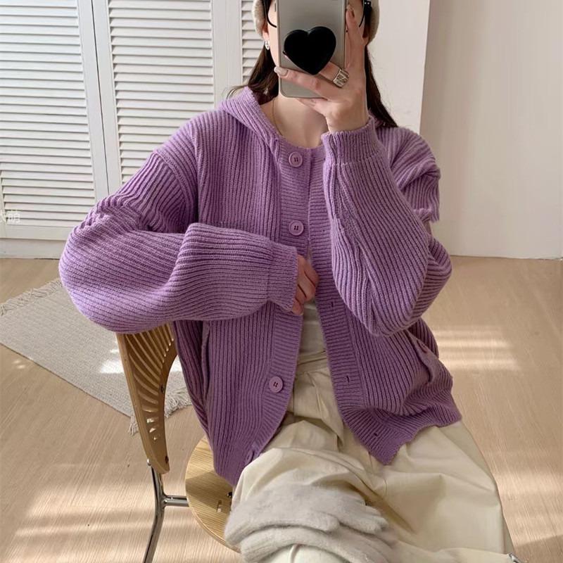 Lazy Wind Sweater Jacket Women's Autumn and Winter Fashion Casual Hooded Top Loose Age-reducing Versatile Knitted Cardigan