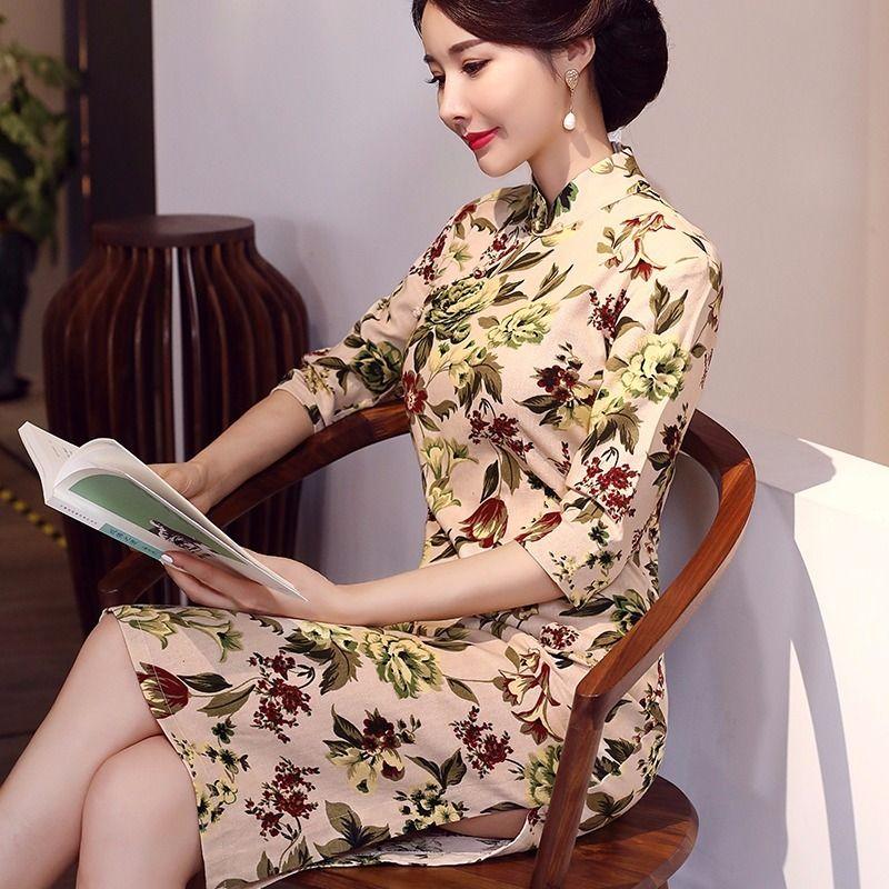 Summer Short-sleeved Cheongsam Chinese Style Dress Medium-length Large-size Dress