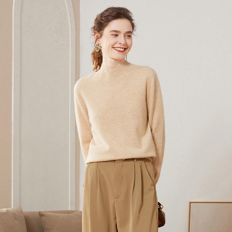 Women's Cashmere Half-High Collar Knit Sweater - Loose, Slimming Base Layer Top