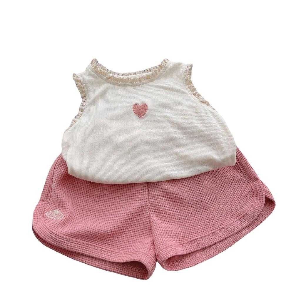 Adorable Korean Style Summer Two Piece Set For Girls Featuring Heart Embroidery And Soft Cotton Fabric