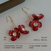Burgundy transparent glazed flower ear hook double-layer flower rhinestone inlay advanced sense retro bright temperament eye-catching earrings