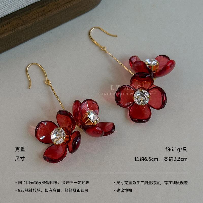 Burgundy transparent glazed flower ear hook double-layer flower rhinestone inlay advanced sense retro bright temperament eye-catching earrings