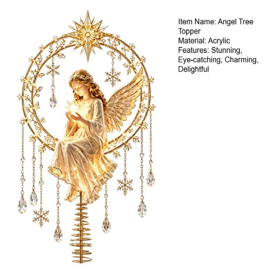 Holiday Ornament for Christmas Tree Angel Topper, Acrylic Winged Treetop with Indoor Decoration Spring Base Xmas Tree, Home Party Decor Table