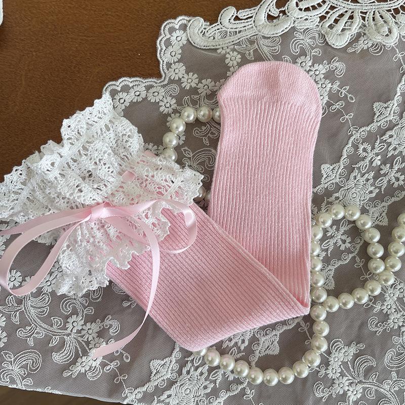 1 Pair Sweet Lace Bow Ribbon Kids Girl Sock Elegant Fashion Princess Ruffle Sock for Children Spring Summer Soft Cotton Sock