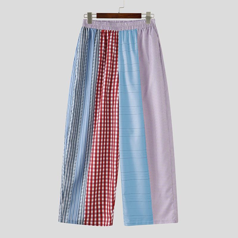 INCERUN Men's Patchwork Wide Leg Trousers Casual Loose Striped Plaid Pants Harajuku Streetwear Elastic Waist Bottoms