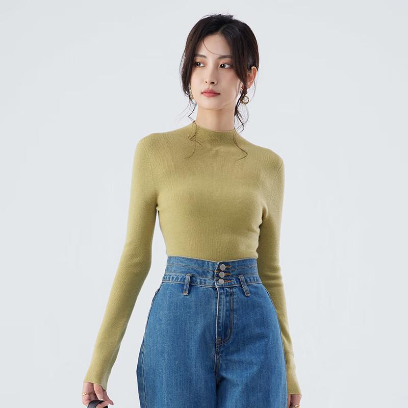 Women's 100% Pure Wool Semi-High Neck Slim-Fit Long Sleeve Sweater