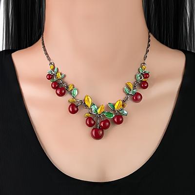 3pcs Forest-Style Pastoral Cute And Sweet Temperament Cherry Choker Necklace And Earring Set, Suitable for Women'S Daily Vacation Wear.