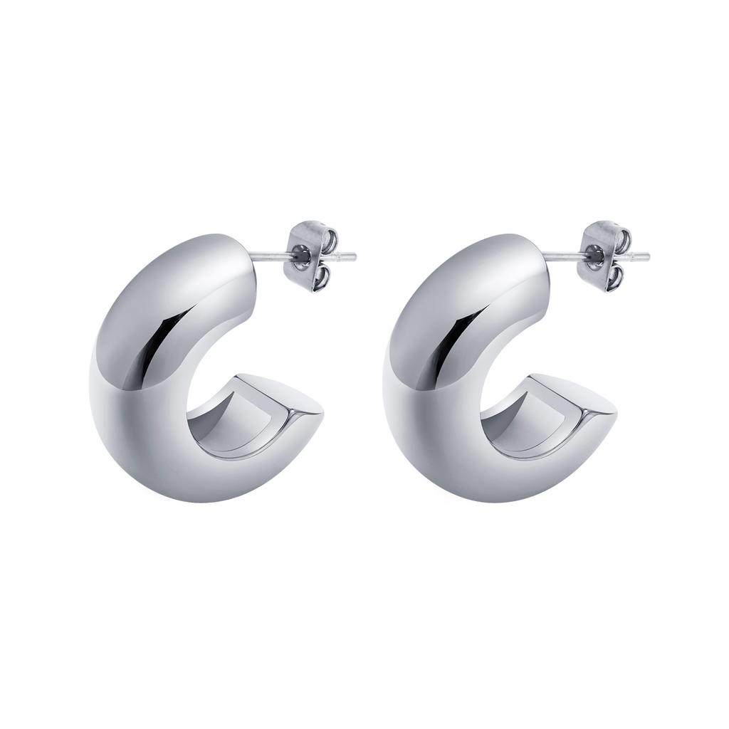 Thick Hoop Earring for Women, Chunky C-Shape Earrings Stainless Steel Open Hoops