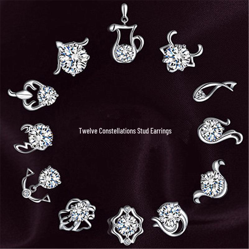 Temperament Women's Retro Zodiac Stud Earrings with Zircon Inlay - Hot-Selling European & American Fashion.