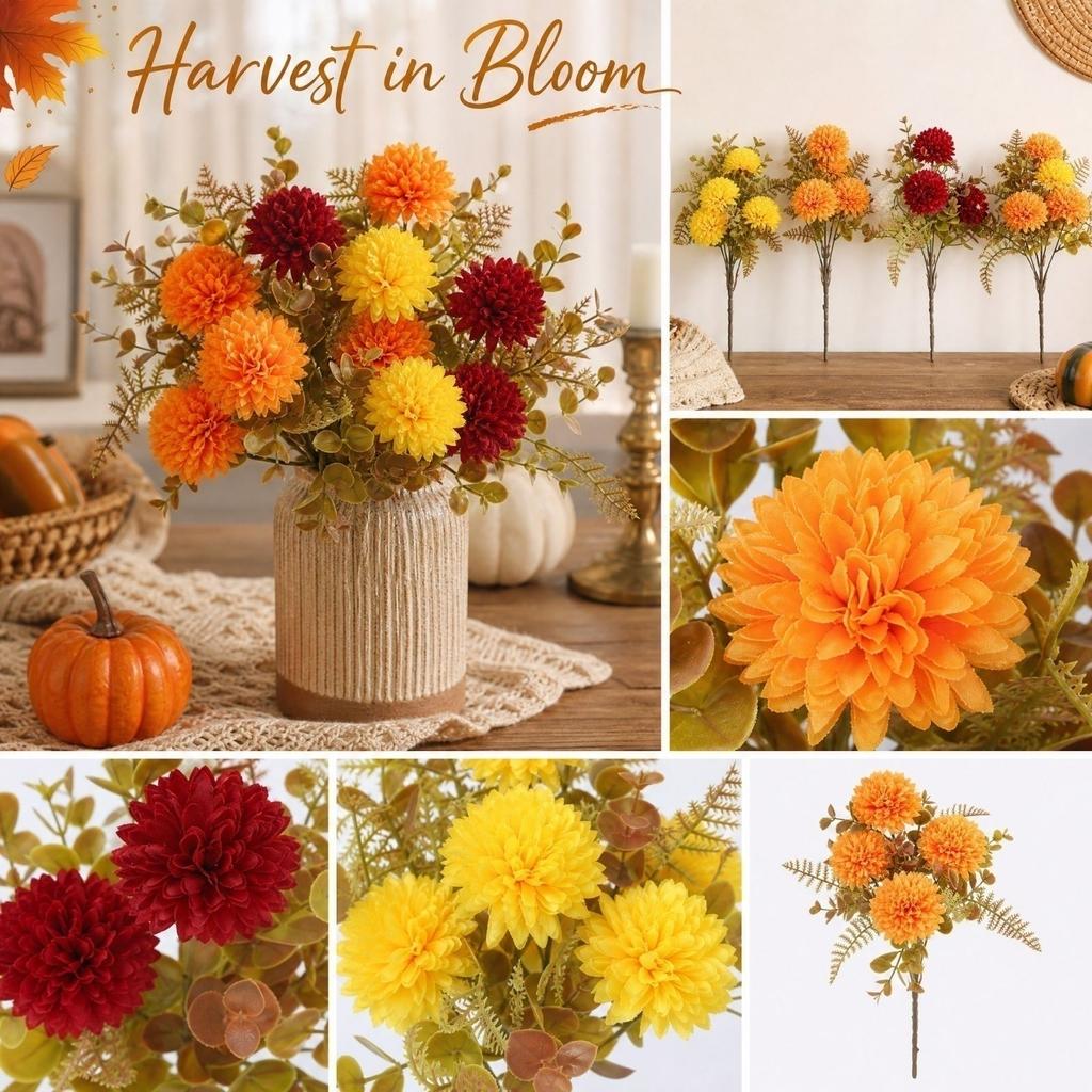 Artificial Fall Flower Arrangement with Pompon Chrysanthemums and Filler for Tabletop Vase Home Decor
