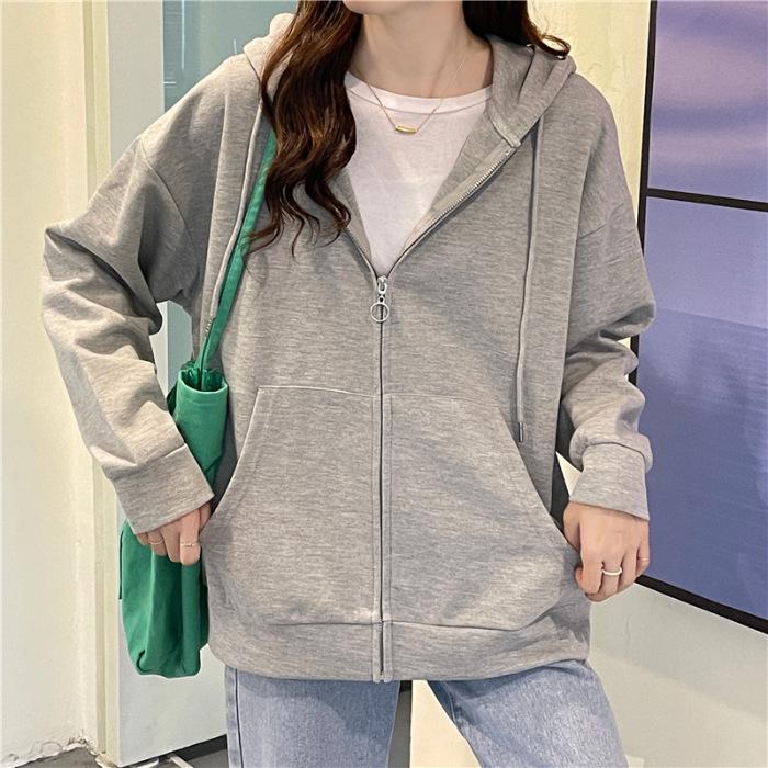 Women's Gray Sporty Oversized Hoodie - Thin Zipper Jacket for Spring & Autumn 2023