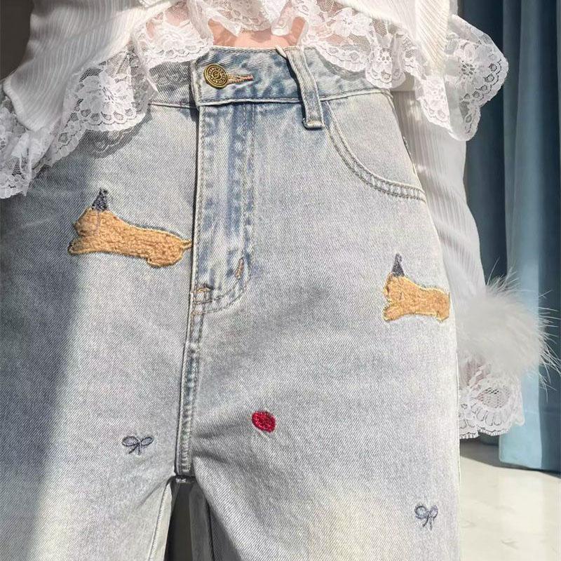 Embroidered Loose Straight Leg Jeans for Women High Waist Loose Plus Size 3xl Casual Wide Leg Denim Trousers Female