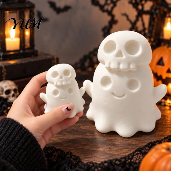 Small Halloween Collectibles 3D Printed Cute Ghost Skull Figurine, Stacked on Shelf Display Figurines Statue, Spooky Desktop Ornament, Fun Holiday
