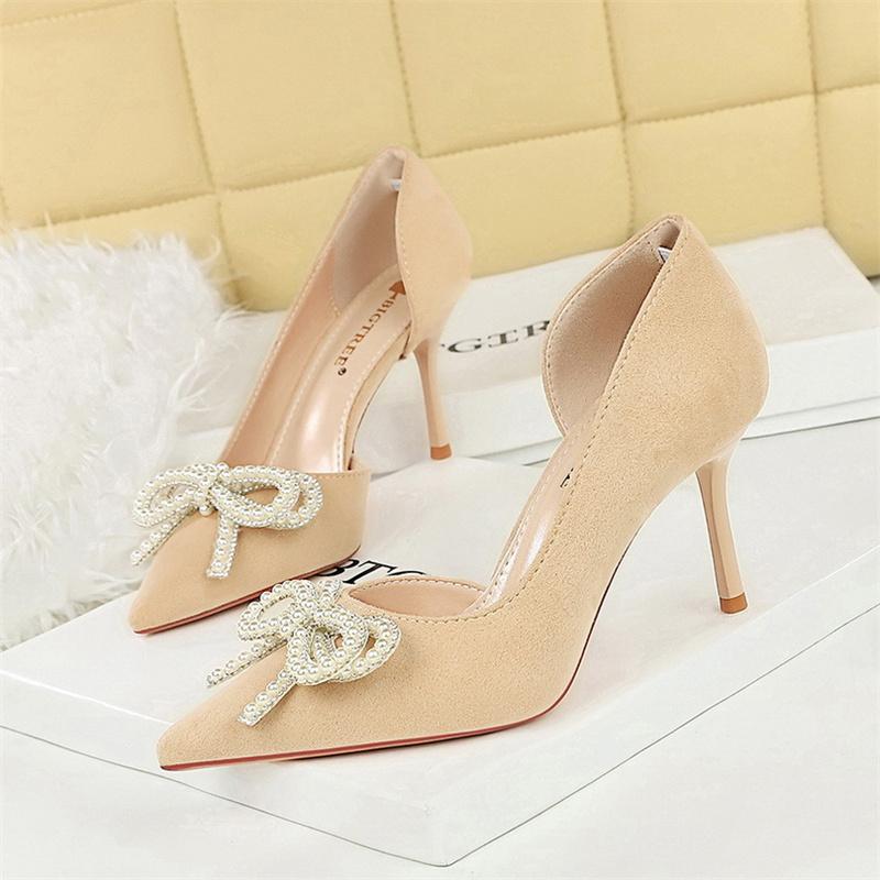 

Fashionable Elegant High Heels Pointed Toe Thin Heel Side Hollow Rhinestone Pearl Bow Suede High Heels Women s Single Shoes 34
