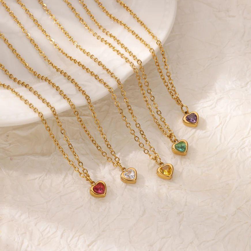 Stainless Steel Birthstone Heart Necklace For Women Gold Color Chain Heart  Necklace Wedding Jewelry Birthday Gift Bijoux Femme
