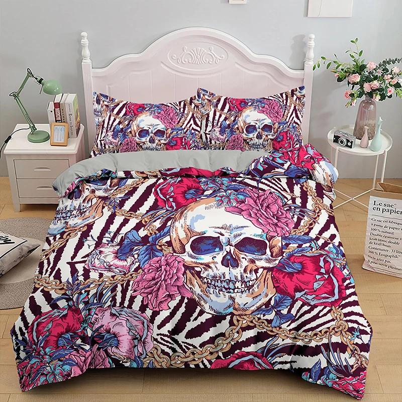 Skull Duvet Cover King Halloween Comforter CoverGothic Fog Smoke Skull Skeleton Bedding SetGrey Quilt Cover Room Decor 2/3pcs