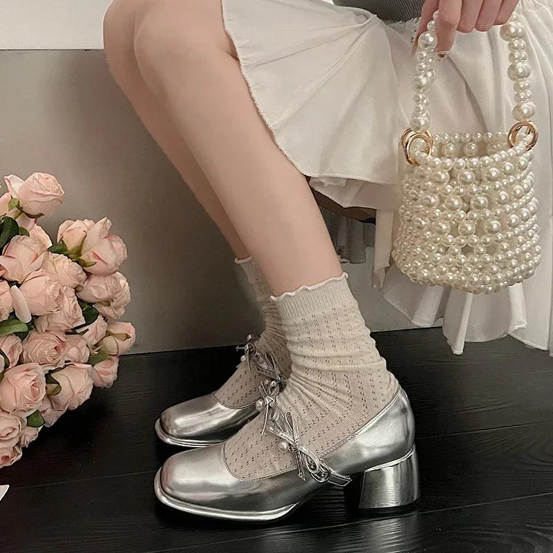 Luxury Pearl Designer Square Toe Mary Jane Shoes Women 2024 Sweet Bow Solid Color Shallow Mouth Outdoor Party Dress High Heels