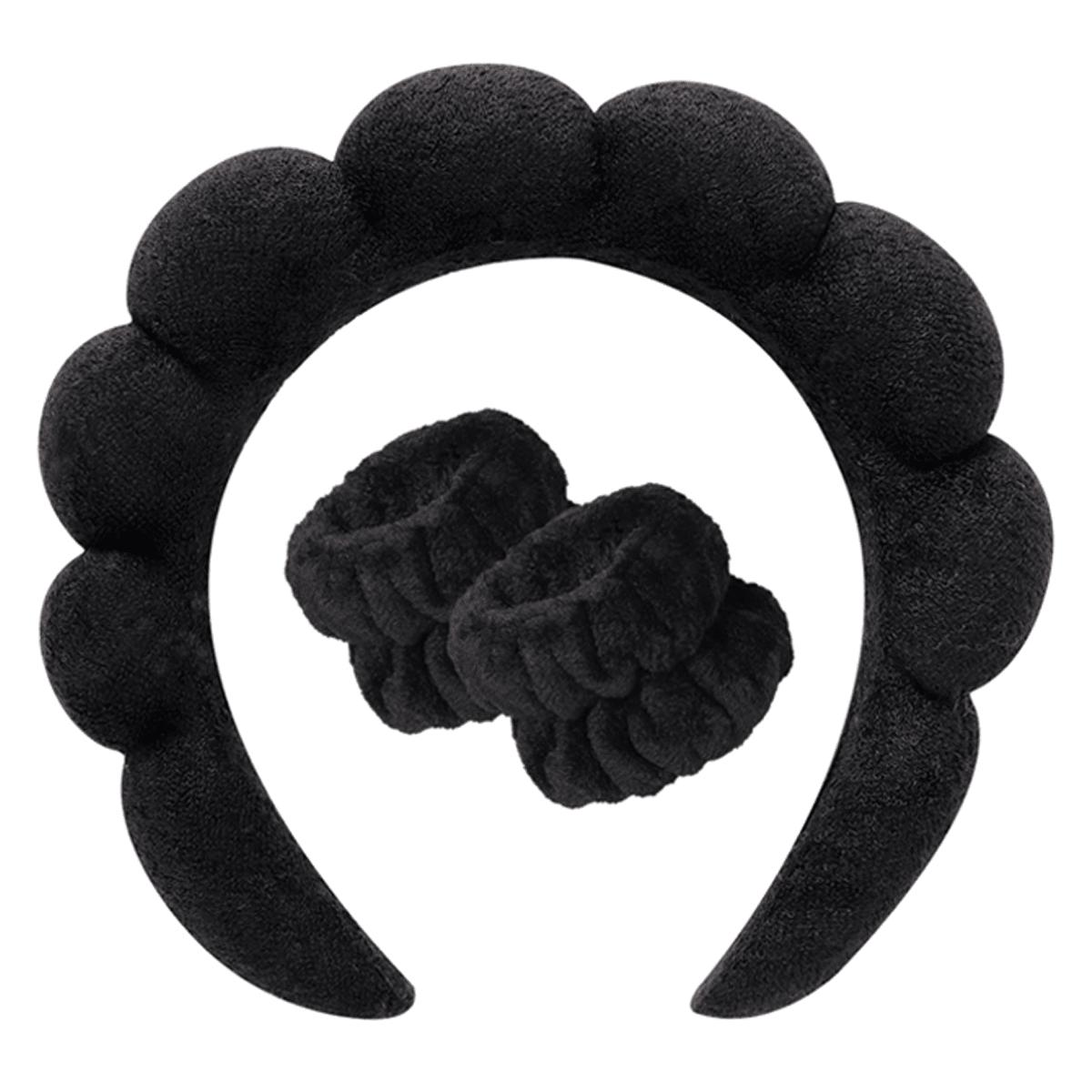 Lot de 3 pièces Bandeau pour le visage et Bandeaux pour les poignets Bandeau Spa, Bandeau de maquillage, Bandeau facial, Bandeau de soins de la peau, Bandeau éponge fluffy en velours rose noir