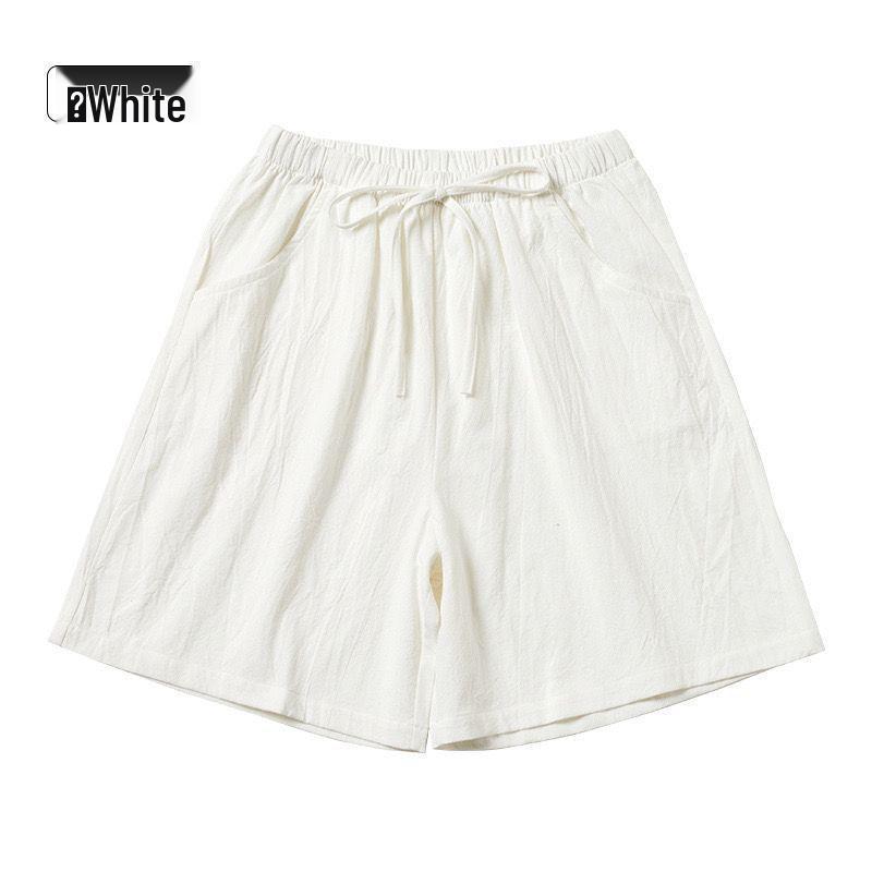 White High-Waisted Cotton-Linen Drawstring Shorts S 75-95 lbs