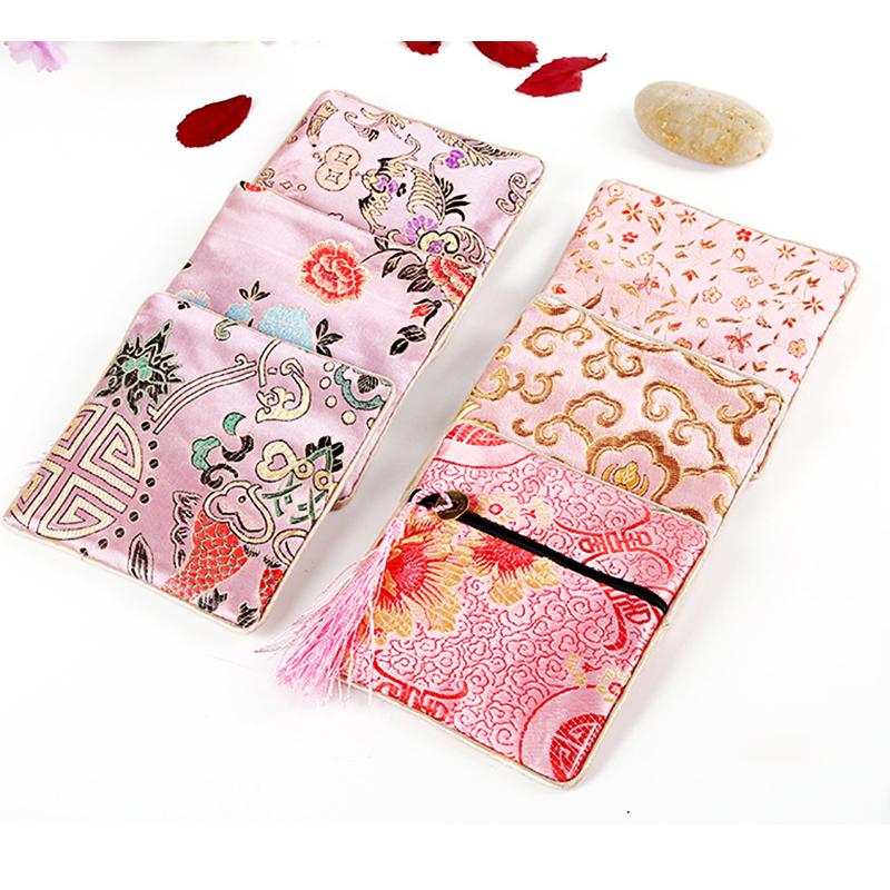 Chinese Brocade Jewelry Storage Bag Handmade Silk Embroidery Padded Small Zipper Tassel Jewelry Organizer Pouch Satin Gift Bag
